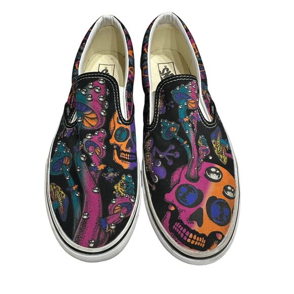 Vans Unisex Men 11.5 Women 13 Canvas Slip on Trippy Drip Skulls Mushrooms Retro - Picture 1 of 10